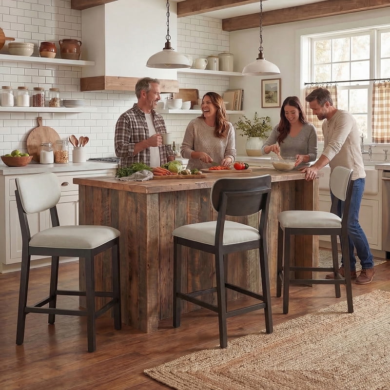 COLAMY Set of 4 Counter Height Bar Stools, Solid Wood Upholstered Barstools with Backrest, Modern Farmhouse Fabric Kitchen Island Stools，Brown