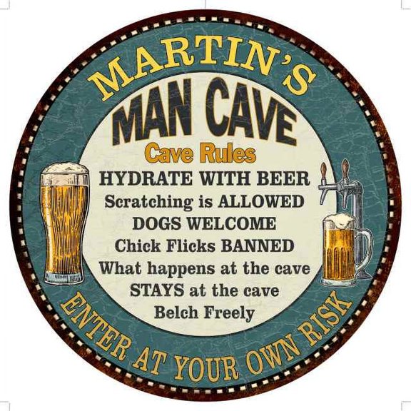 MARTIN'S Man Cave Rules 14" Round Metal Sign Garage Wall Decor 100140009324
