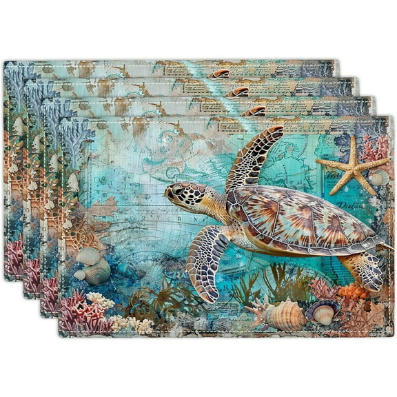 Beach Placemats Set of 4 Nautical Sea Turtle Imitation Linen Placemat Heat Resistant Dining Blue Summer Coastal Table Place Mats Ocean Plate Mats for Kitchen Indoor Outdoor Restaurants 12''x18''