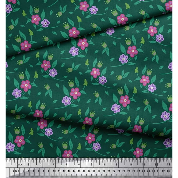 Soimoi Cotton Duck Fabric Leaves & Periwinkle Floral Print Fabric by Yard 42 Inch Wide