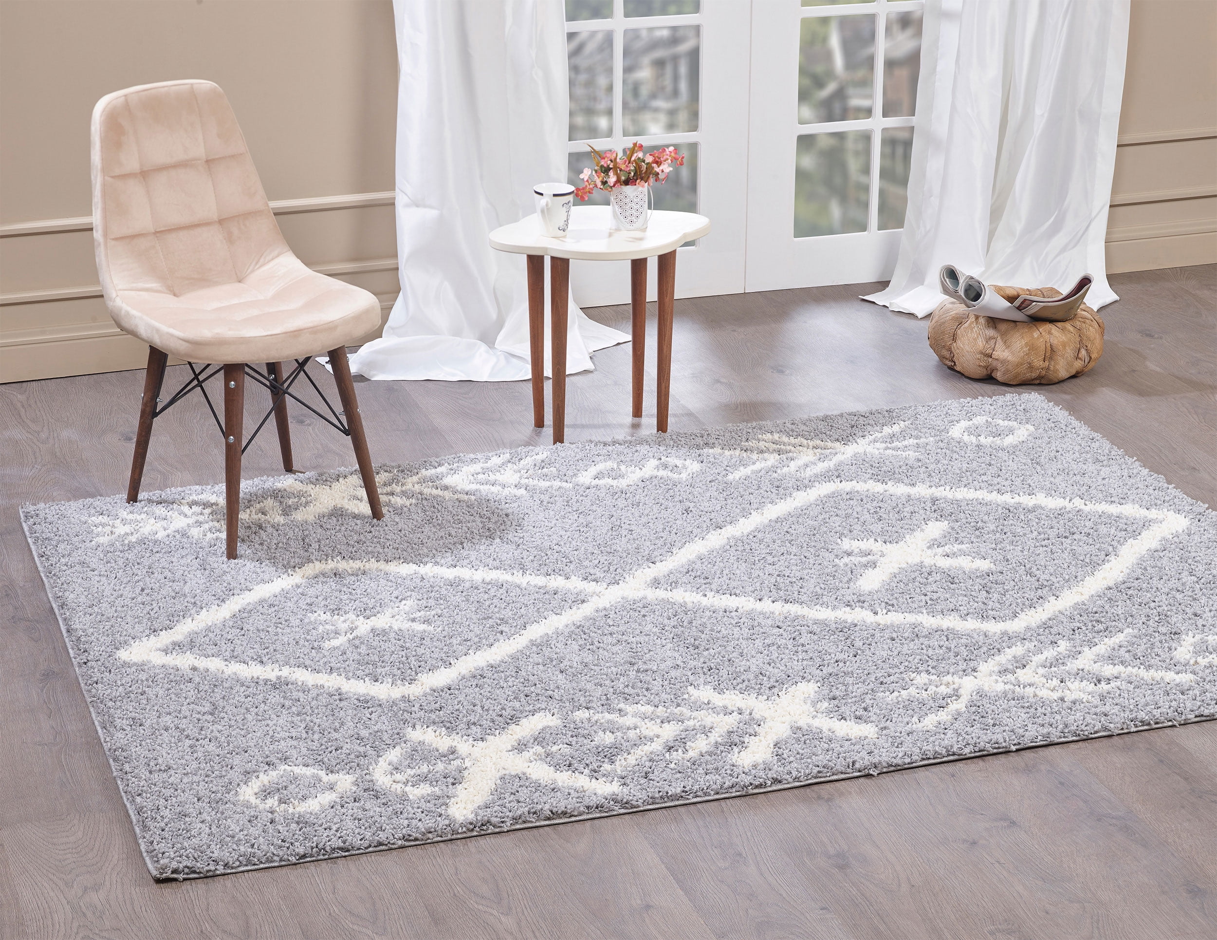 A2Z Rug Modern & Traditional Moroccan 5534 Light Grey Shaggy Area Rug