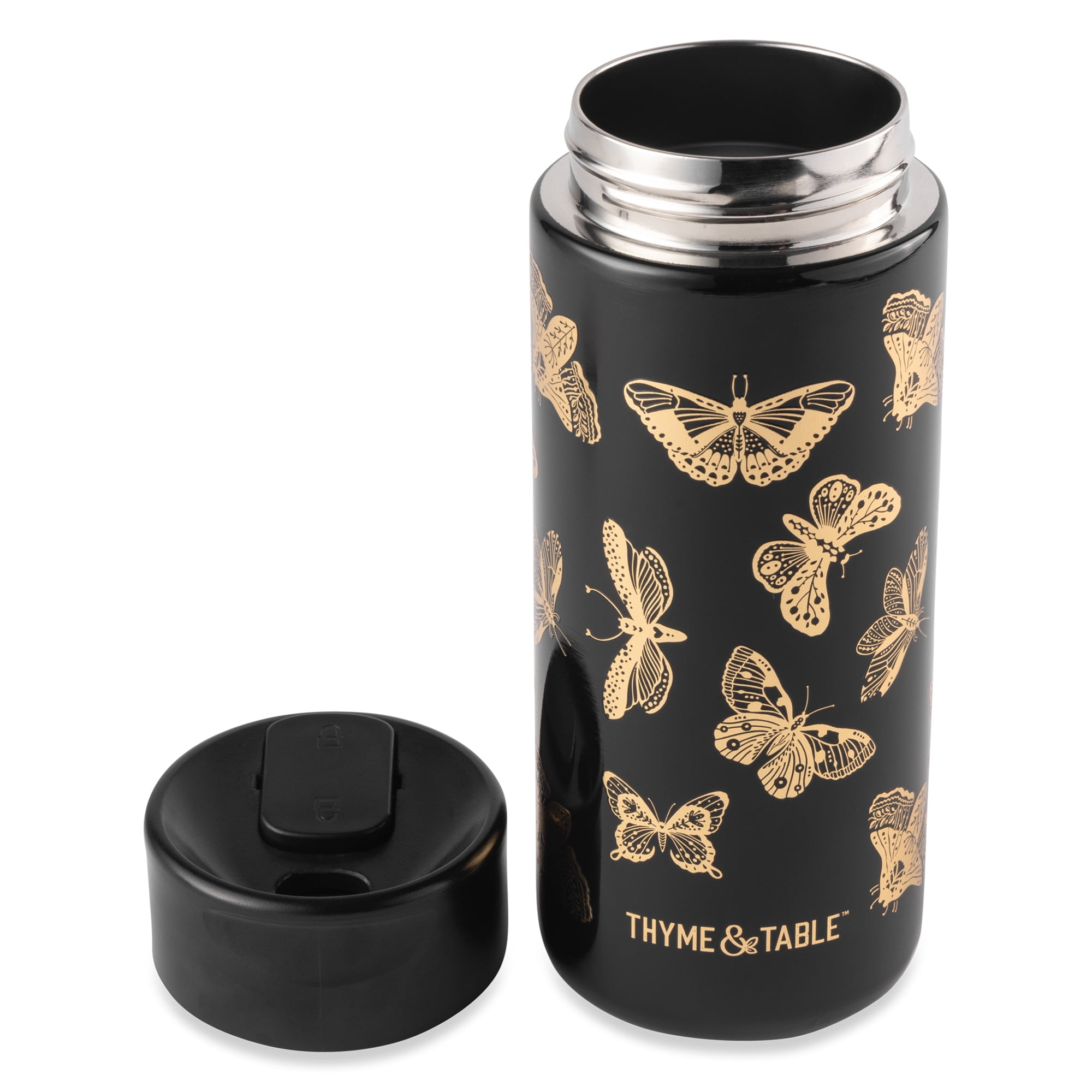 Thyme & Table 22 fl oz Stainless Steel Coffee Tumbler, Black & Gold Butterfly