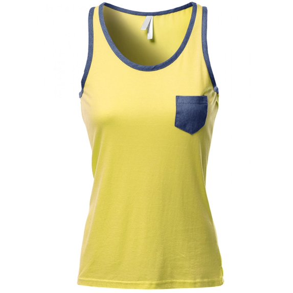 FashionOutfit Women's Pocket Binding Color Contrast Round Neck Tank Tops