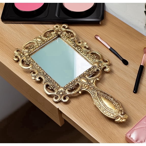 Hastcraft Square Handheld Mirror with Ornate Frame, 10x19cm, Gold‑Plated, For Makeup-Travel-Vanity-Gift