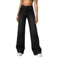 thumbnail image 1 of Pantalones de mujer de cintura alta y pierna ancha - Detalle de botones metálicos, tejido lavado, para el día a día/vacaciones, poliéster, lavables a máquina, 1 of 6