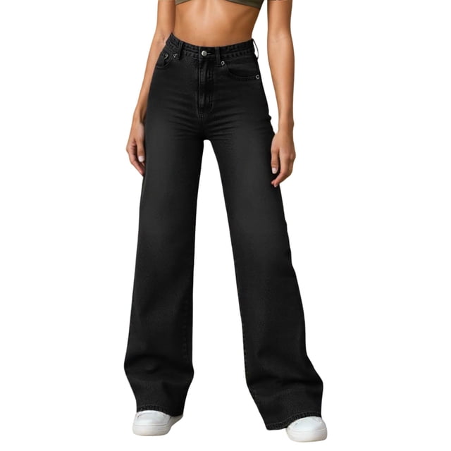 Pantalones de mujer de cintura alta y pierna ancha - Detalle de botones metálicos, tejido lavado, para el día a día/vacaciones, poliéster, lavables a máquina