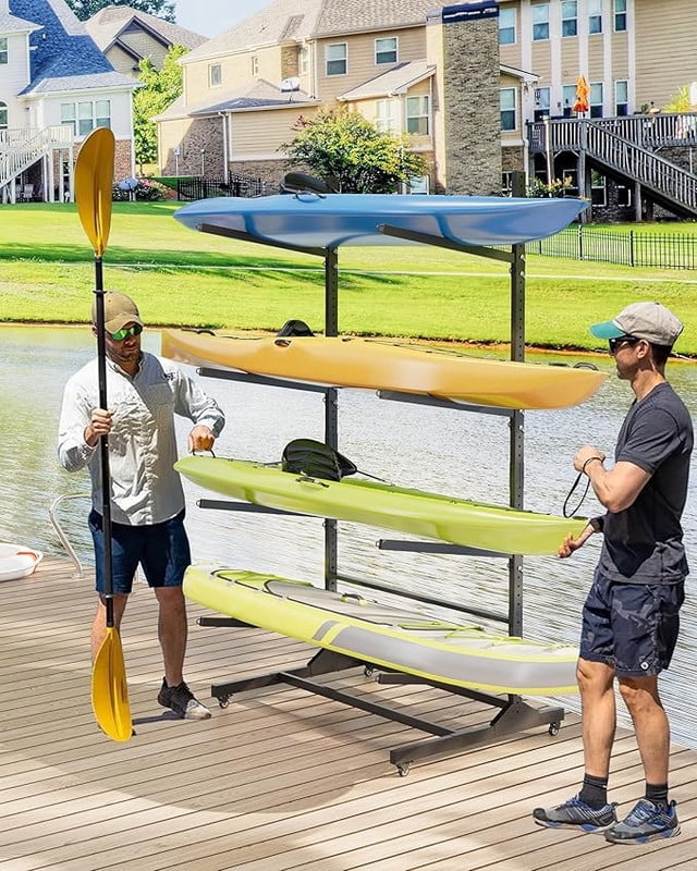 Kayak Storage Rack for 2-6 Kayaks Freestanding Kayak Rack for Outdoor Storage with Movable Wheels, Heavy-Duty Steel Kayak Hanger Holder with Hanging Straps