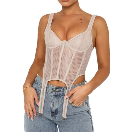 

Licupiee Womens Summer Mesh Bustier Sexy Vintage Sheer Spaghetti Strap Open Back Boned Corset Going Out Party Crop Top