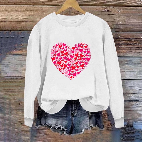 VgaVtl Women's Sweatshirts Valentines Day Long Sleeve Pullover Womens Plus Size Tops Loose Holiday Heart Print for Girlfriend Tops
