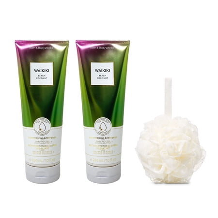 Bath and Body Works Waikiki Beach Coconut Moisturizing Body Wash Set and a Shower Sponge - Set of 2