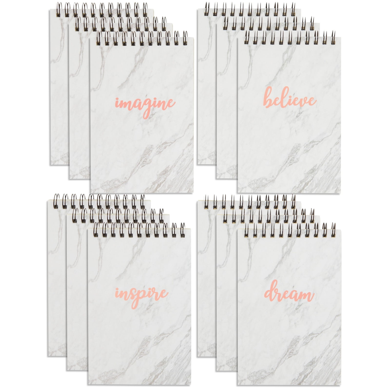 12 Pack Mini Spiral Top Bound Notebooks, Inspirational Marble Rose Gold Note Pads, 50 Sheets Each, 4x6 in