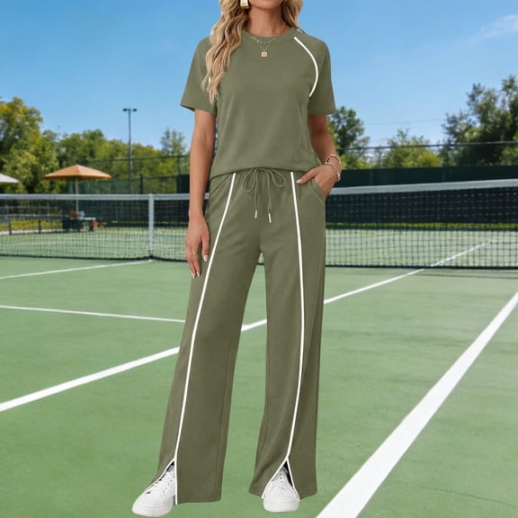 Xdegoge 2 Piece Lounge Set for Women Sporty Short Sleeve Top and Wide Leg Pants with Contrast Stripes Split Hem Casual Tracksuit Activewear Outfits Jogging Travel Sweatsuit