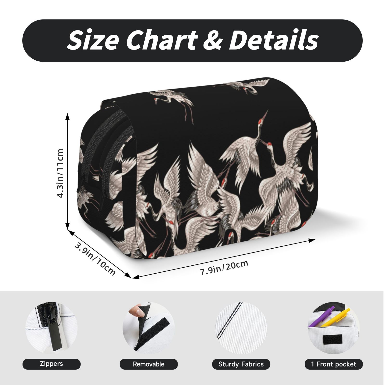 Rateoe Japanese White Crane Pattern Double Clamshell Pen Case, Storage Organizer with Two Zipper Compartments– Holds Up to 50 Pencils & Pens