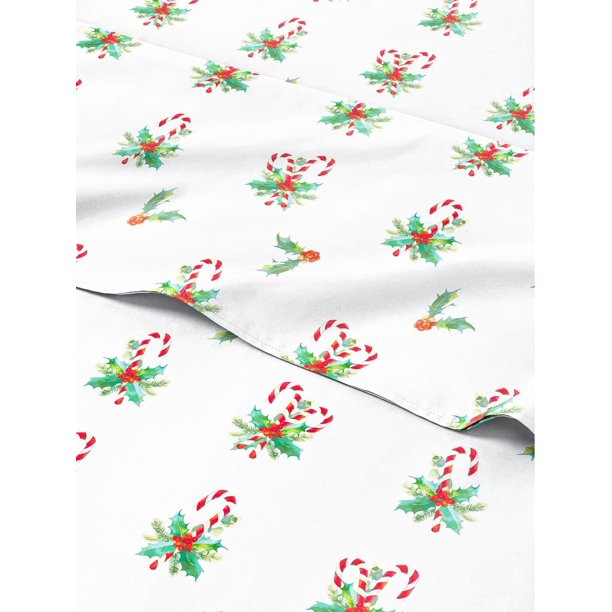 Juego de sábanas de muérdago King Candy Cane – Juego de ropa de cama con patrón navideño navideño – Bolsillos profundos – Ajuste cómodo – 4 piezas – Sin arrugas y fácil ajuste – Acogedor invierno fest