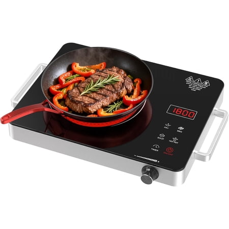 Electric Cooktop 1800W Single Burner Countertop Stove with Touch and Knob Control Timer Child Safety Lock 110V–120V Infrared Burner Silver