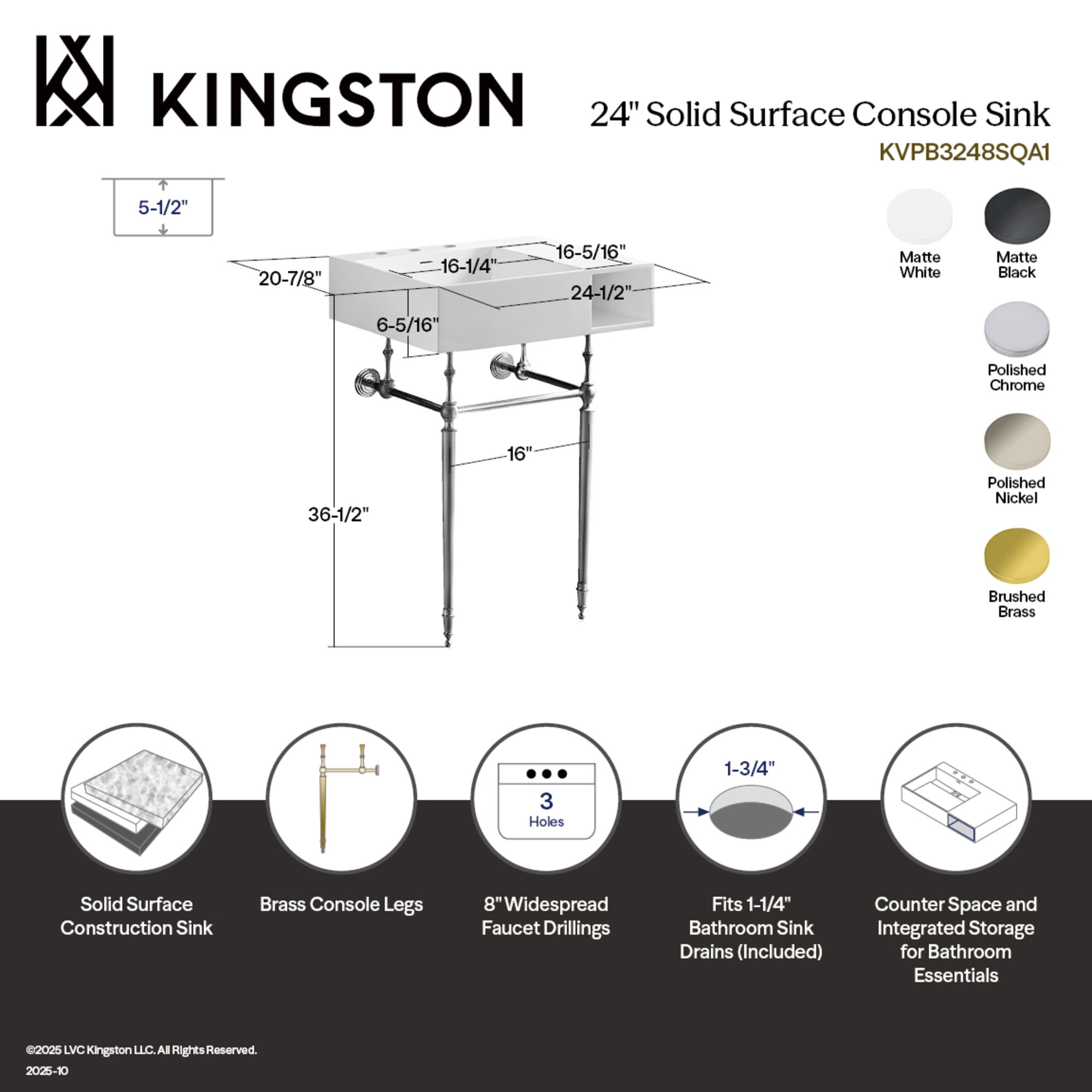 Kingston Brass KVPB3248SQA7 Aurelius 24-Inch Solid Surface Console Sink with Brass Legs (8-Inch, 3-Hole) in Matte White/Brushed Brass