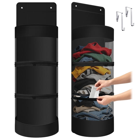 Godery Hanging Laundry Hamper with Front Pocket, Clothes Hanging collector, Semi Round Storage Mesh Bag, Space-Saving