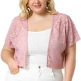 thumbnail image 1 of Women's Plus Size Shrug Cardigan Lace Allover Open Front Short Sleeve Crop Bolero Jacket Pink 4X, 1 of 7