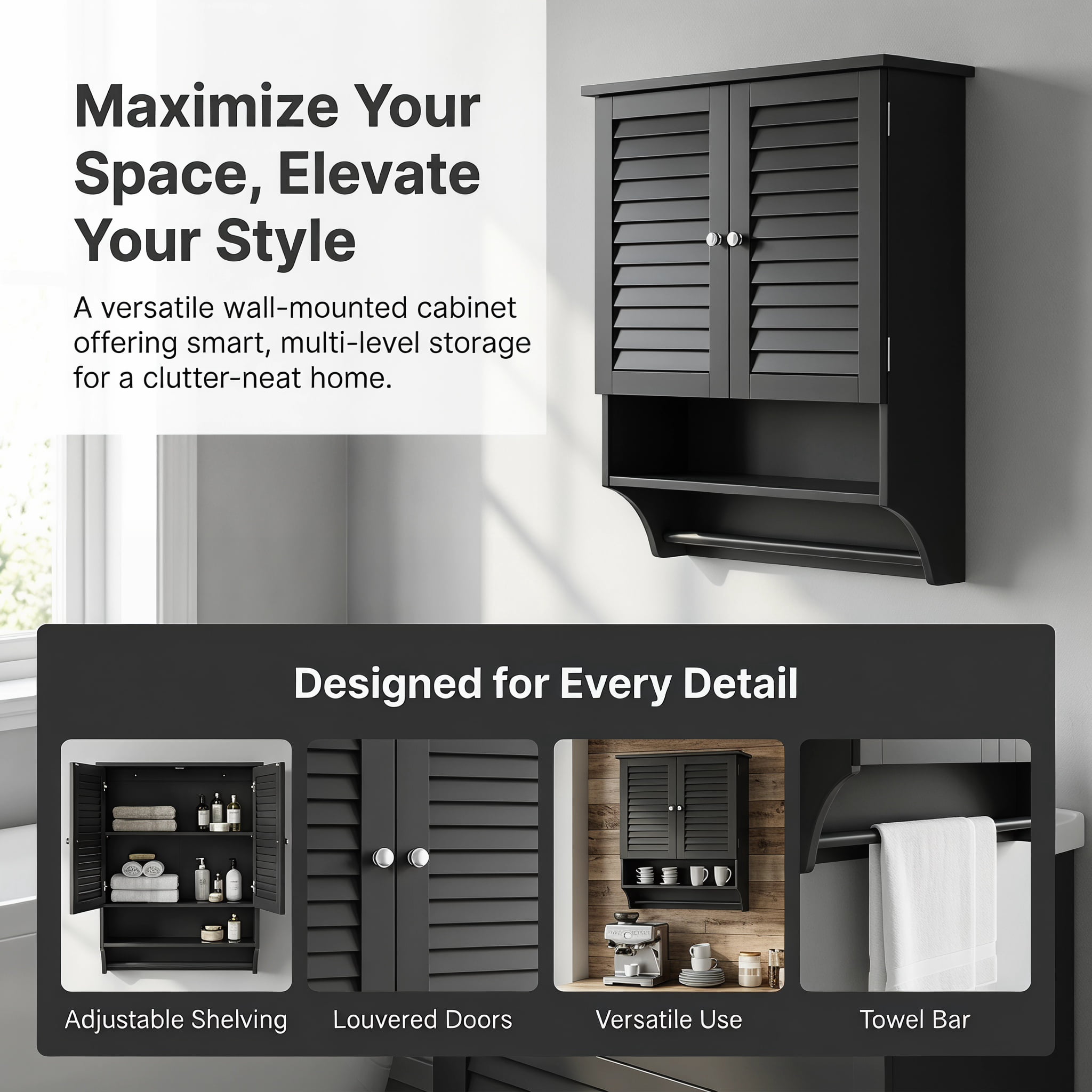Kadyn Bathroom Cabinet Wall Mounted, Hanging Cabinet, Wall Cabinet,2-Doors Bathroom Wall-Mounted Medicine Cabinet with Towel Bar-Black