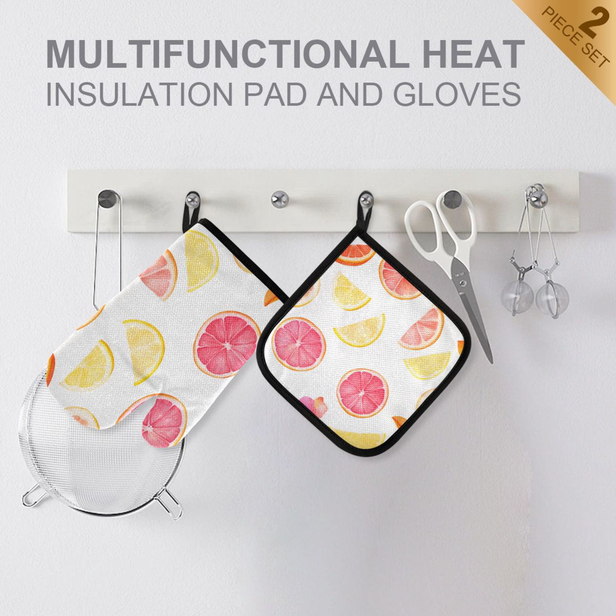 Yayeee Oven Mitts and Pot Holder Set of 4 Heat Resistant Kitchen Gloves Baking Hot Pad, White Grapefruit Slices