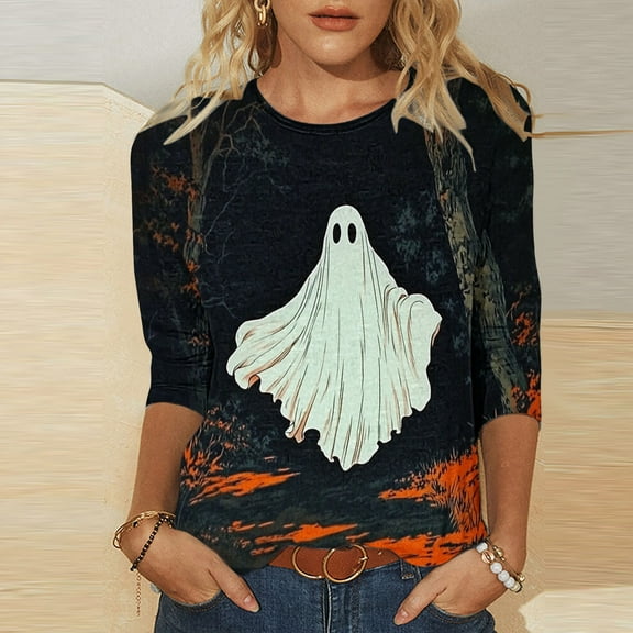 VKOYWKM Womens Halloween Ghost T-Shirts 3/4 Sleeve Tops Spooky Graphic Tees Fall Crew Neck Loose Fit Party Halloween T-Shirts