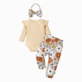 thumbnail image 5 of TOWED22 Infant Baby Girl Fall Winter Clothes 3 Pieces Outfits Long Sleeve Crew Neck Cute Print Romper Jumpsuit Ribbed Flare Pants Headband Set(Khaki,12-18 M), 5 of 8