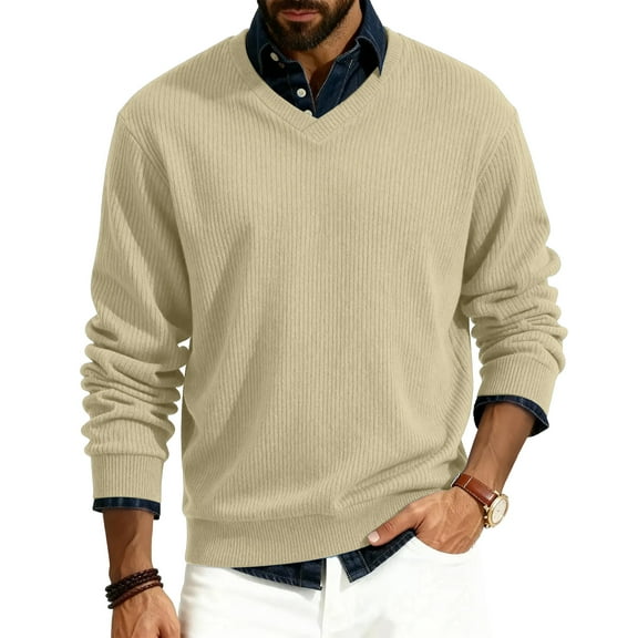 GrmtClth Mens Sweaters Big and Tall V-Neck Knitted Sweaters Classic Casual Comfy Soft Long Sleeve Pullover Beige XL