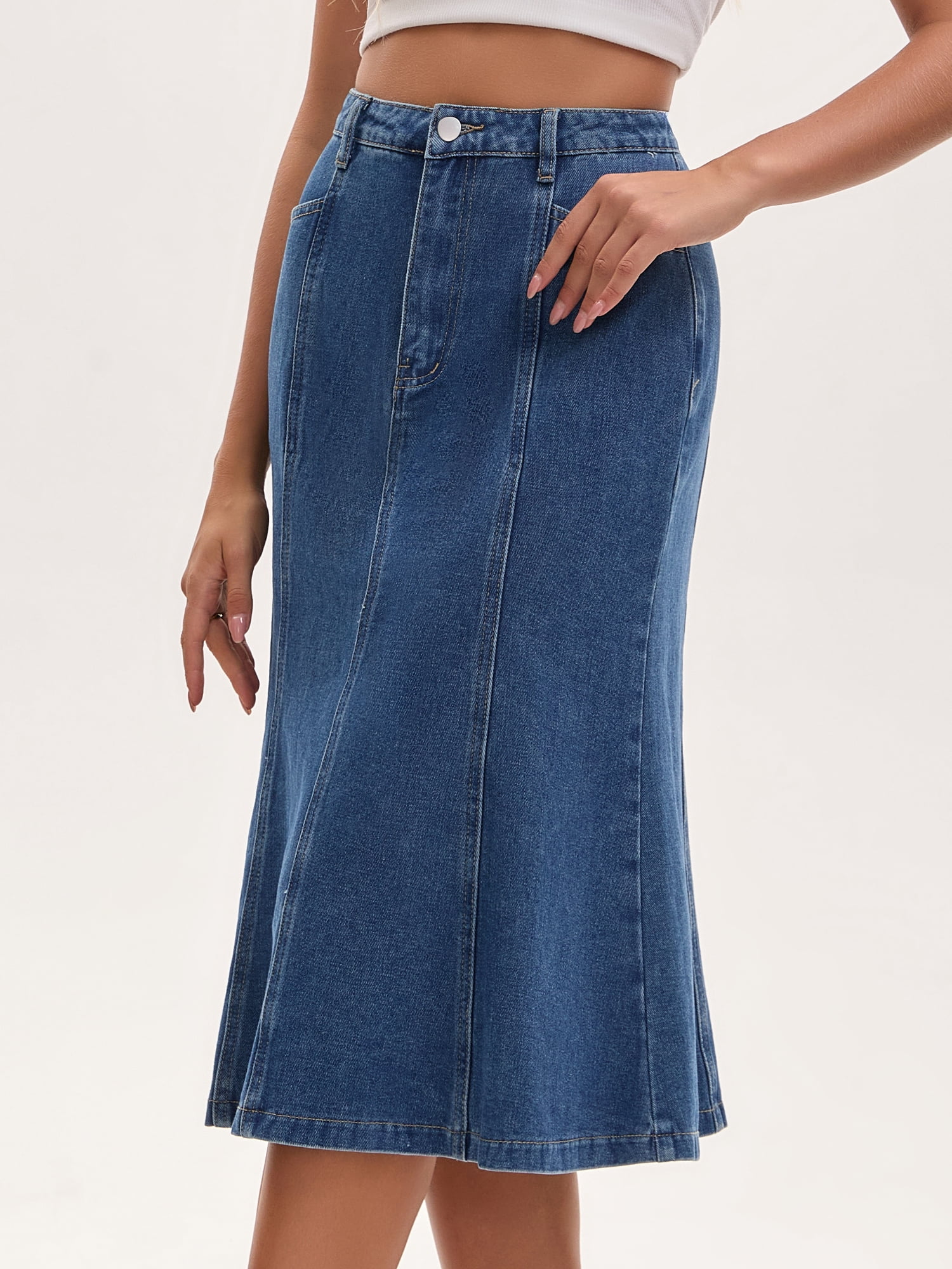 DARING DIVA Women's Denim Ruffle Below Knee Fishtail Jean Skirts Large Blue