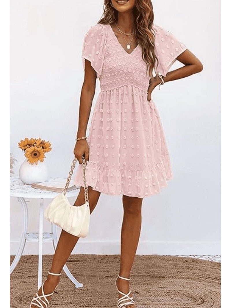 spring vacation dresses Kalavika Womens Beach Dress Summer V Neck Short Sleeve Smocked Swiss Dot Ruffle Casual Mini Dresses, Women's, Size: Medium, Pink SHEIN LUNE Women's Casual V-Neck