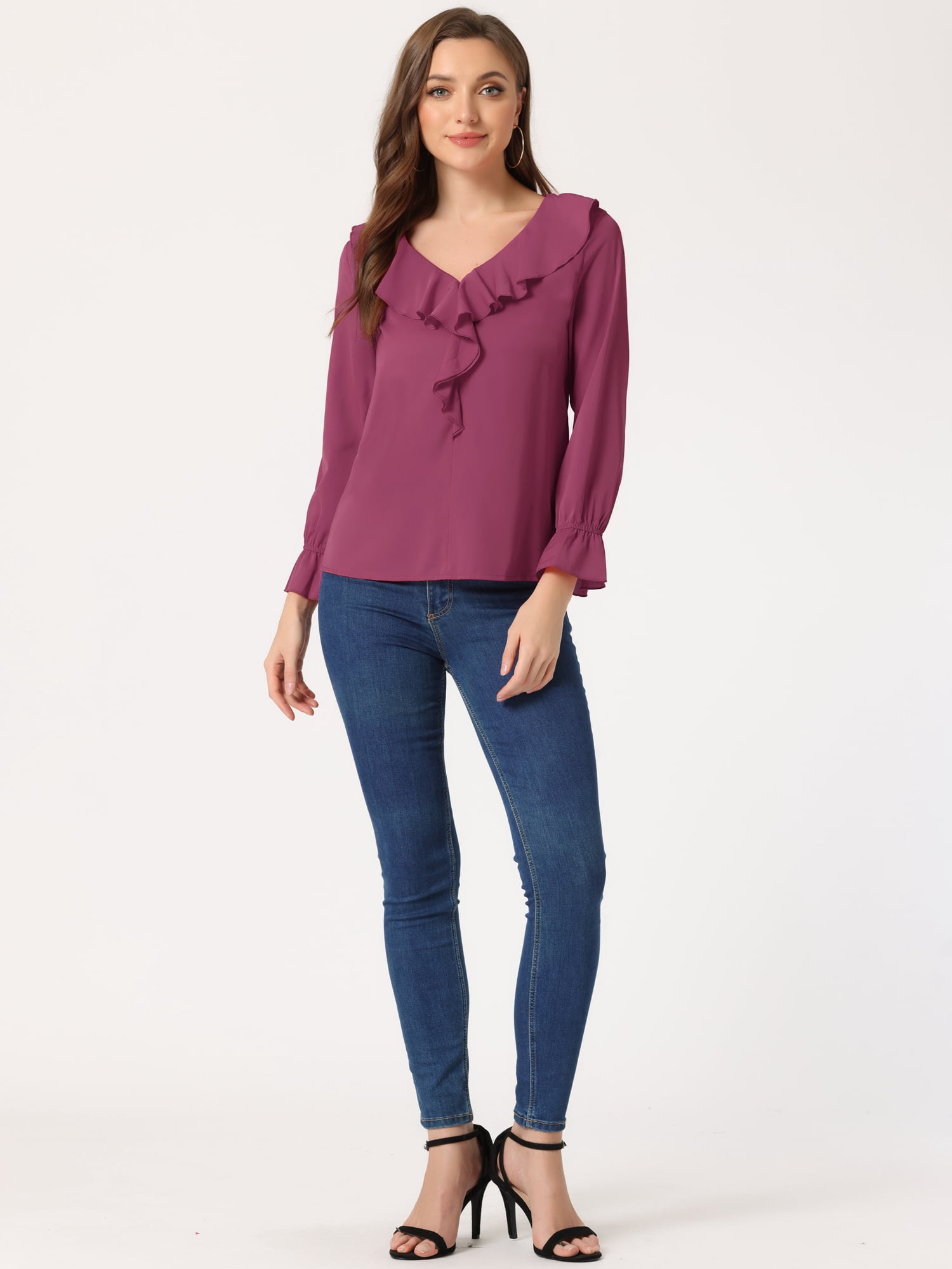 DARING DIVA Women's Ruffle V Neck Chiffon Peasant Blouse L Fushcia