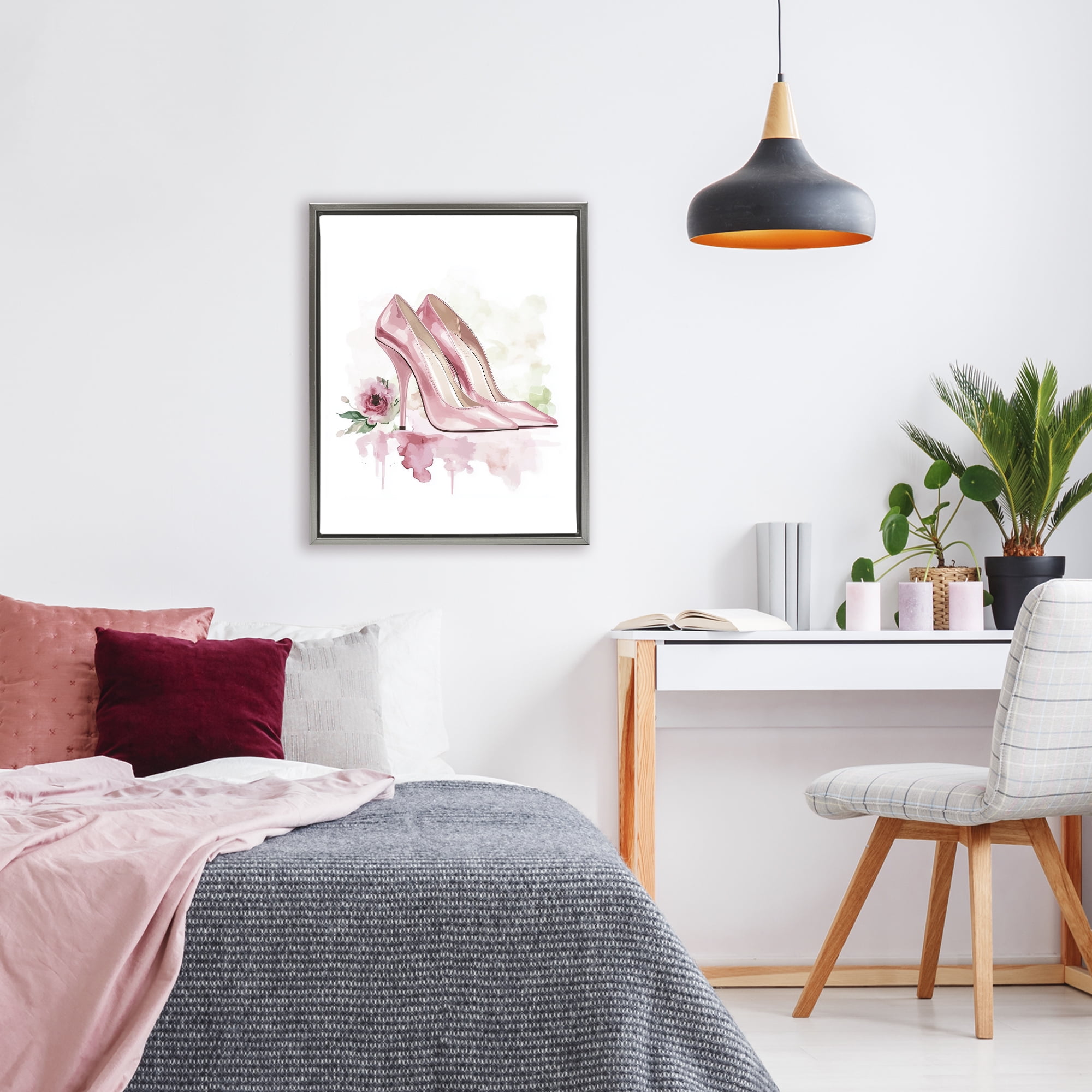 Rosy Pastel Heels Gray Framed Floater Canvas Wall Art, design by Christine Simpson Art