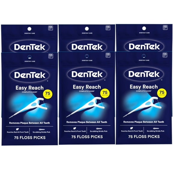 6 Pack - DenTek Complete Clean Easy Reach Floss Picks, No Break & No Shred Floss, 75 Count