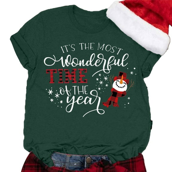 zaveiop It's The Most Wonderful Time of The Year Women T-Shirt Funny Snowman Pattern Short Sleeve Tops (Dark Green, 3XL)