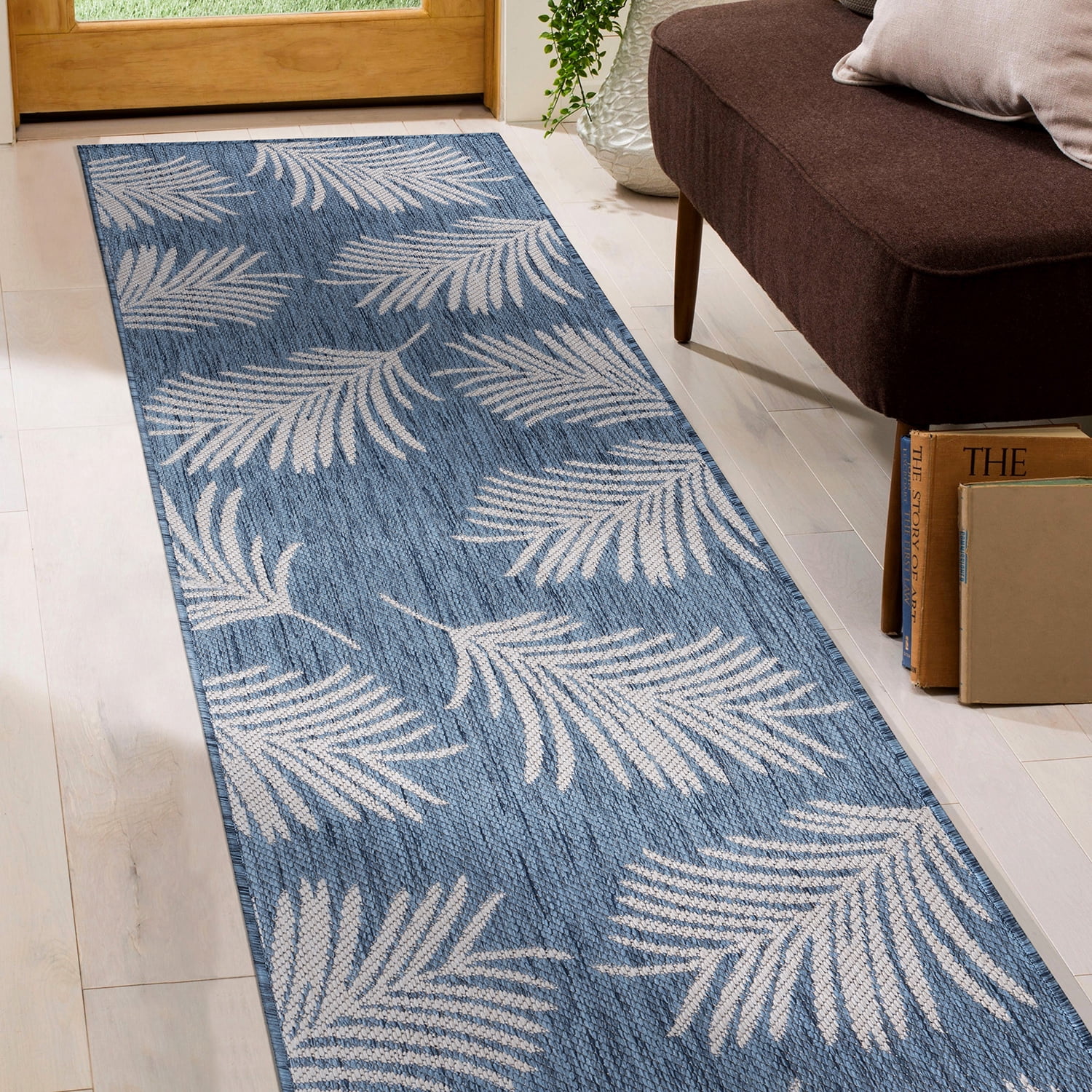 World Rug Gallery Contemporary Palm Leaves Textured Flat Weave Indoor/Outdoor Area Rug - BLUE 2'x7'