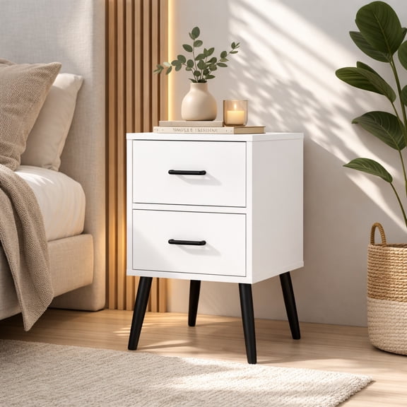 White Nightstand with 2-Drawer and Metal Legs,Modern Bedside Table,Small End Table for Bedroom,Living Room or Apartment
