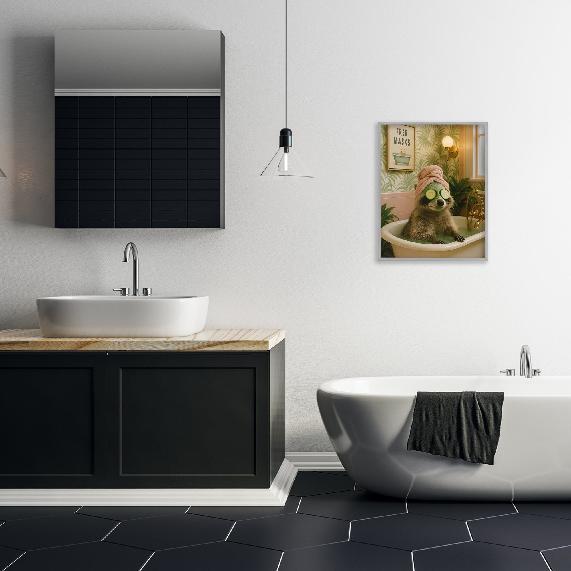 Stupell Industries Raccoon Spa Day Bath Gray Framed Giclee Art, design by Grotto Studios