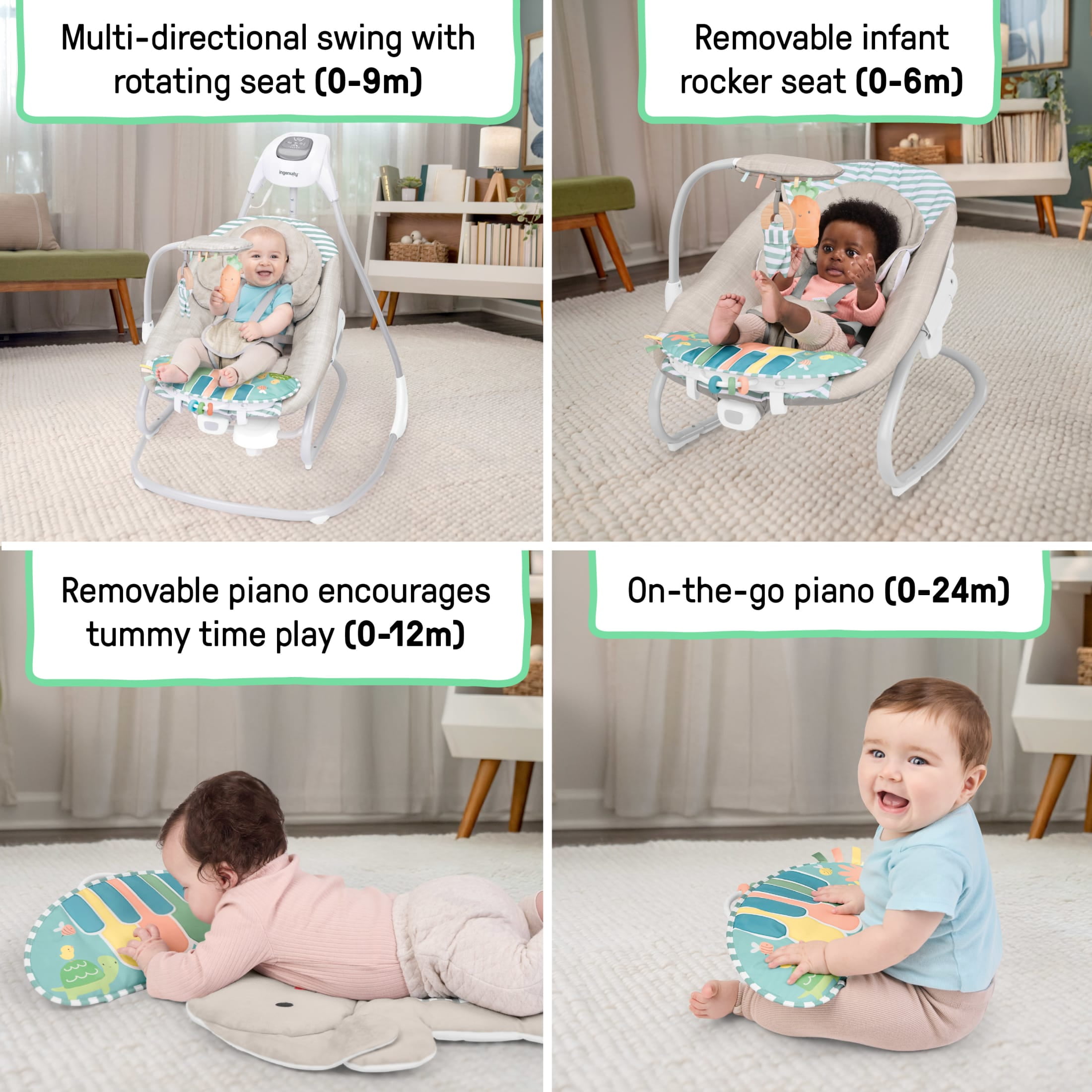 Ingenuity Simple Comfort Piano Playtime 4-in-1 Baby Swing & Rocker, Infants Ages 0-24 Months