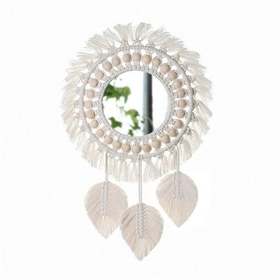 Boho Wall Mirror with Wood Beads and Feather Pendant, Decorative Art Ornament for Bedroom, Living Room, and Home