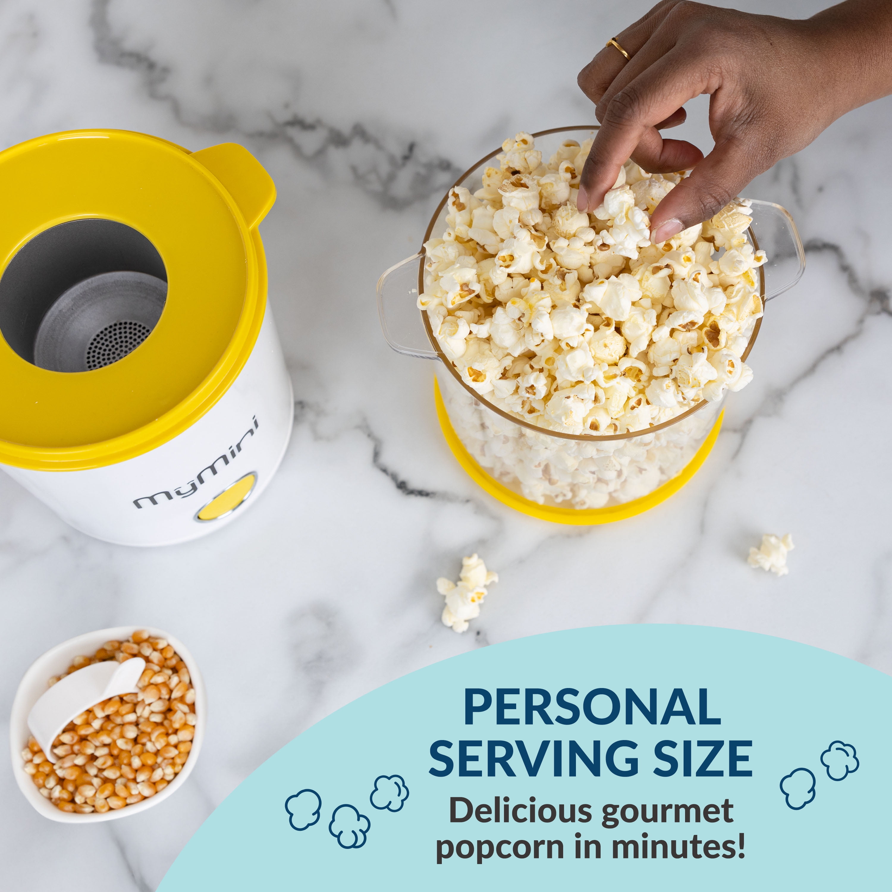 MyMini 8-Cup Hot Air Electric Popcorn Popper and Bowl, 800 Watts, White & Yellow