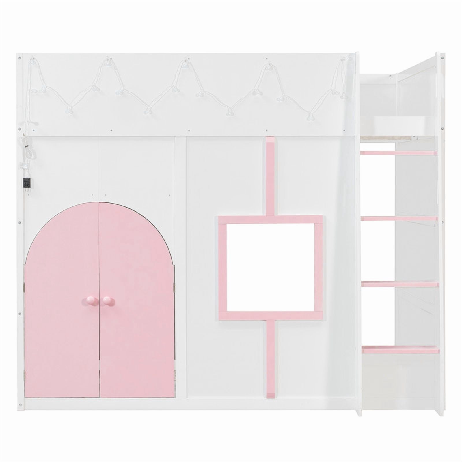 Full Size Playful Child Loft Bed with Doors & Window, Wood Kids House Bed Frame with Light Strip & Built-In Ladder
