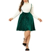 MODA NOVA Juniors Plus Size High Waist Shiny Star Velvet Suspender Skirt Dark Green 1X