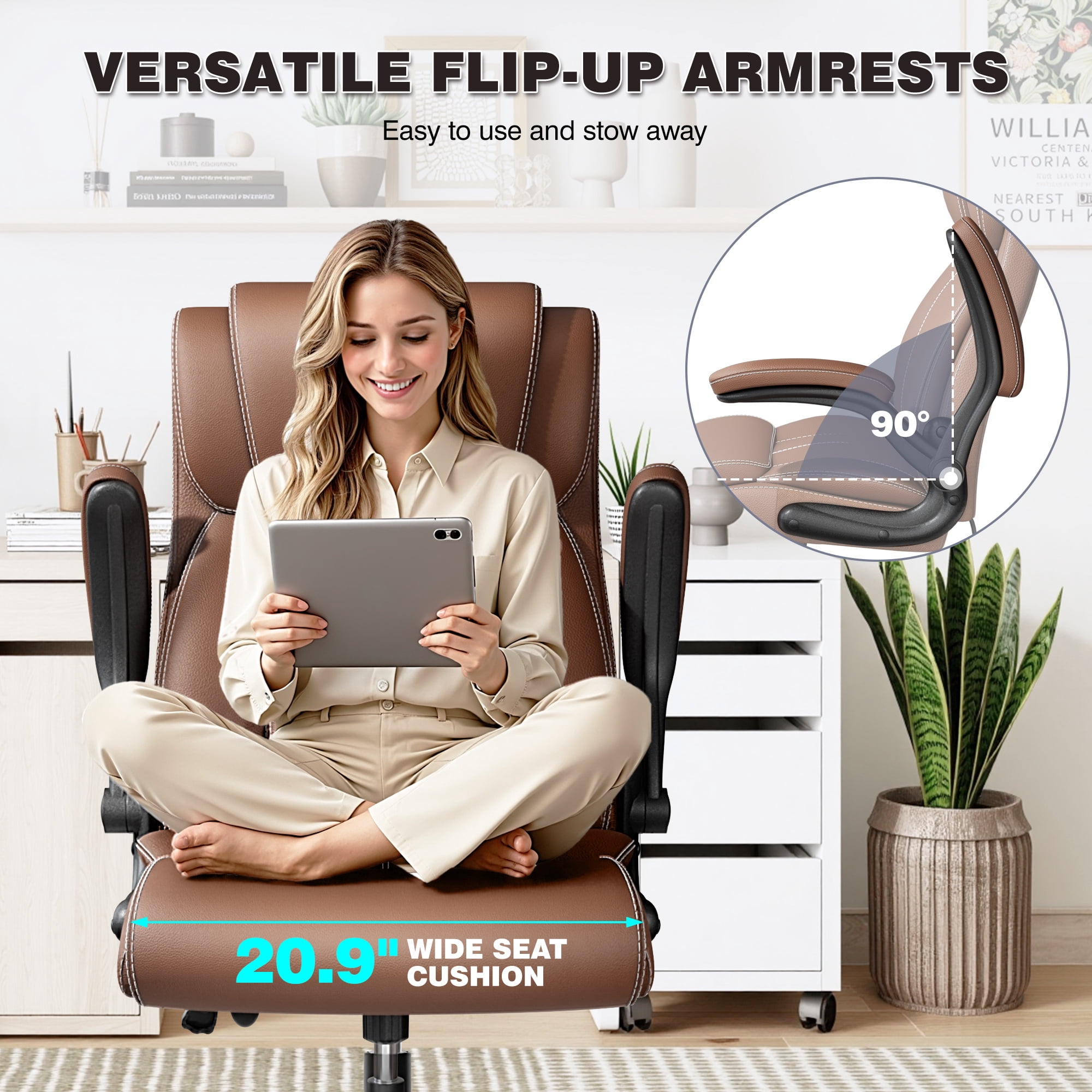 Primy Ergonomic Office Chair with Adjustable Air Lumbar, Home Desk Computer Chair, Leather High-Back Executive Chairs with Flip-Up Arms, Rocking Swivel Comfort