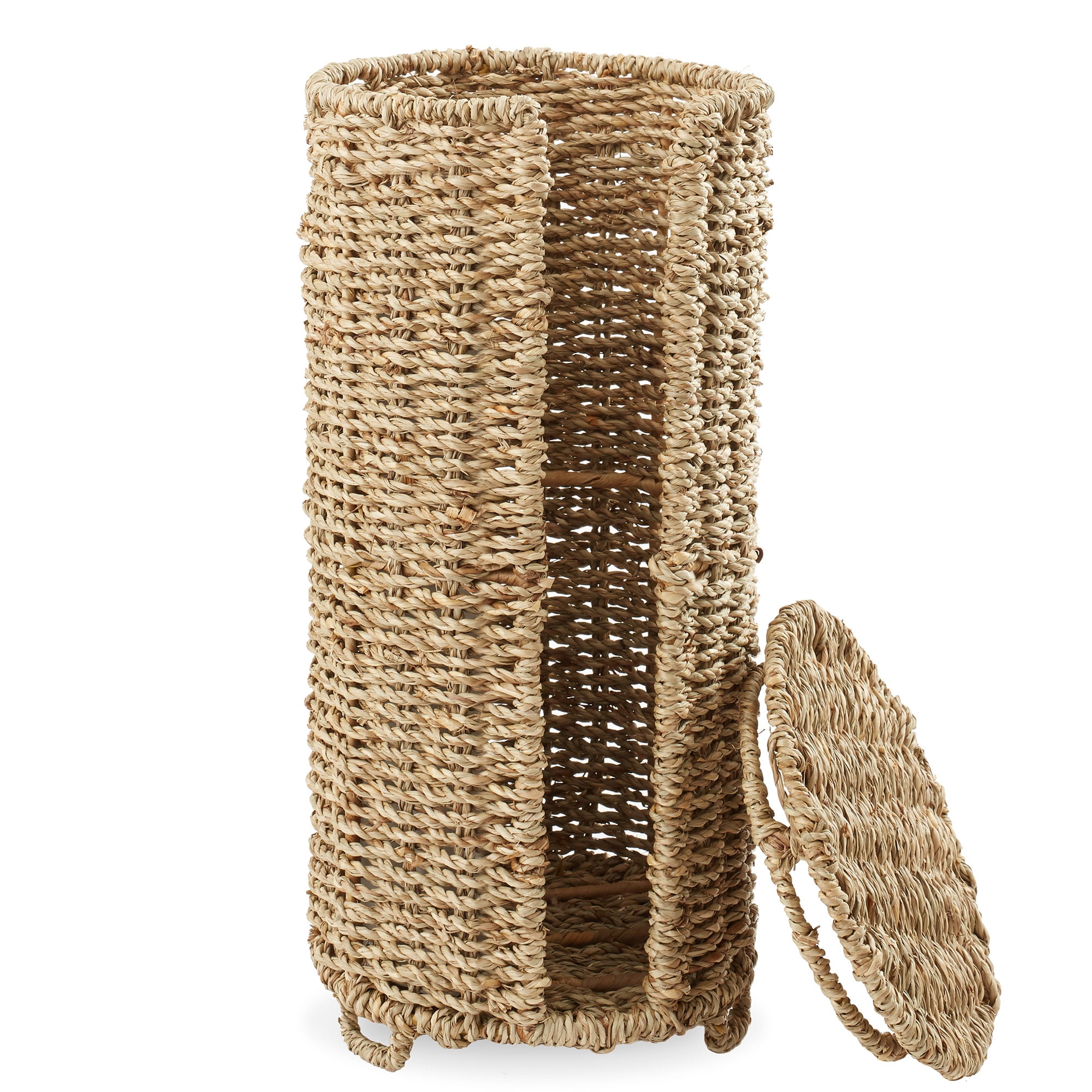Casafield Toilet Paper Roll Holder with Lid - Natural, Fits 3 Rolls, Free Standing Seagrass Bath Tissue Storage Organizer for Bathroom