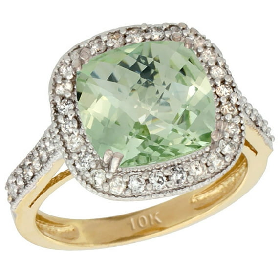 10k Yellow Gold Diamond Halo Genuine Green Amethyst Ring Cushion-cut 9x9mm size 7