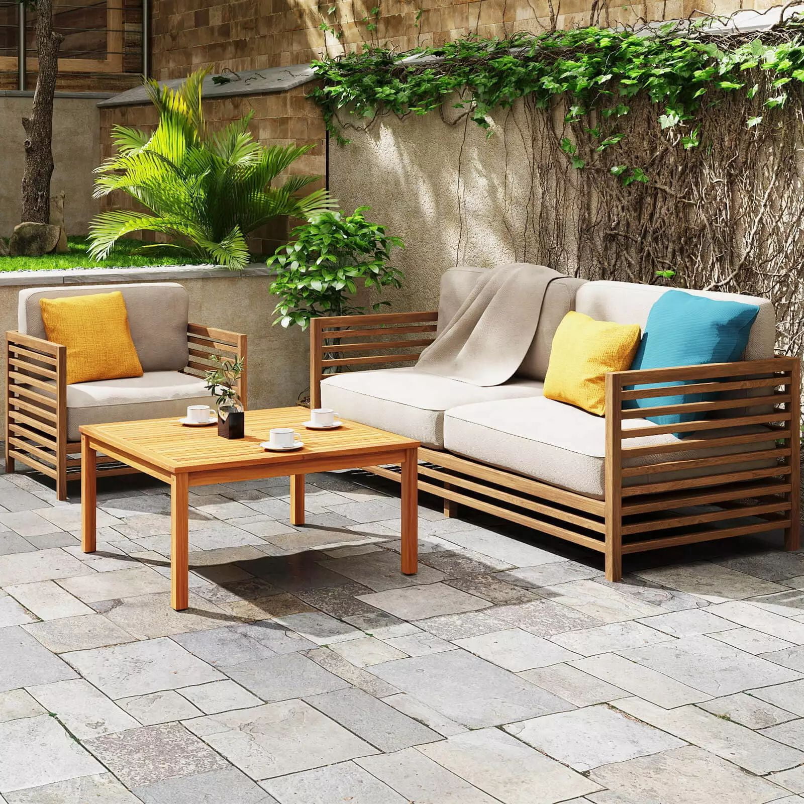 Harmijoy Outdoor Coffee Table, Acacia Wood Patio Table with Slatted Tabletop, Square Coffee Table for Outside Balcony, Garden & Poolside, Natural