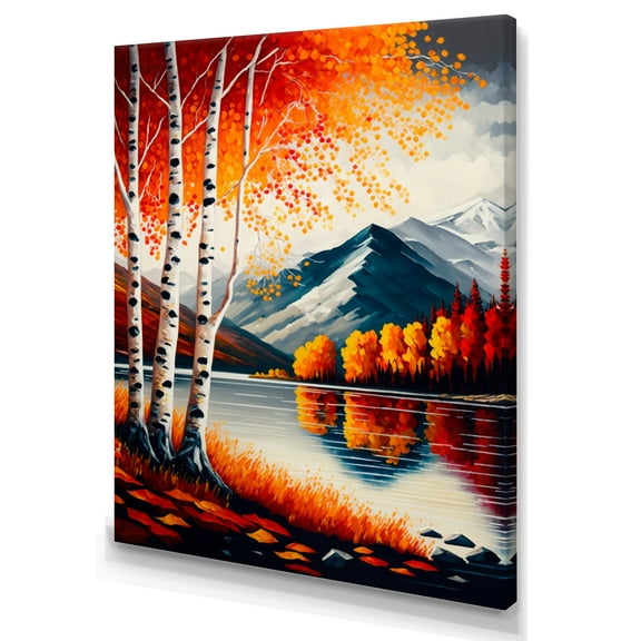 Designart Red And Orange Birch Trees By The Lake VI Canvas Wall Art