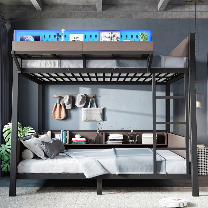 Full-Over-Full Storage Bunk Bed with Shelves, Multi-Functional Metal Bed Frame with LED Light and Charge Station for Kids,Teens