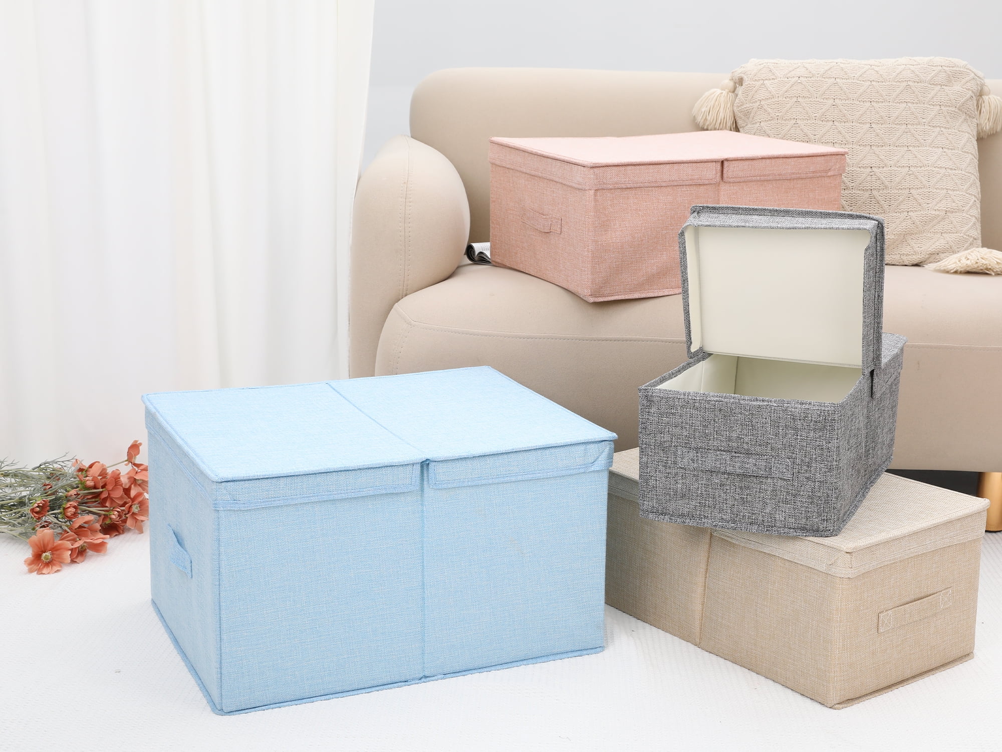 Unique Bargains Fabric Storage Bin Cube with Lid and Handle Pink 16*9.5*7in