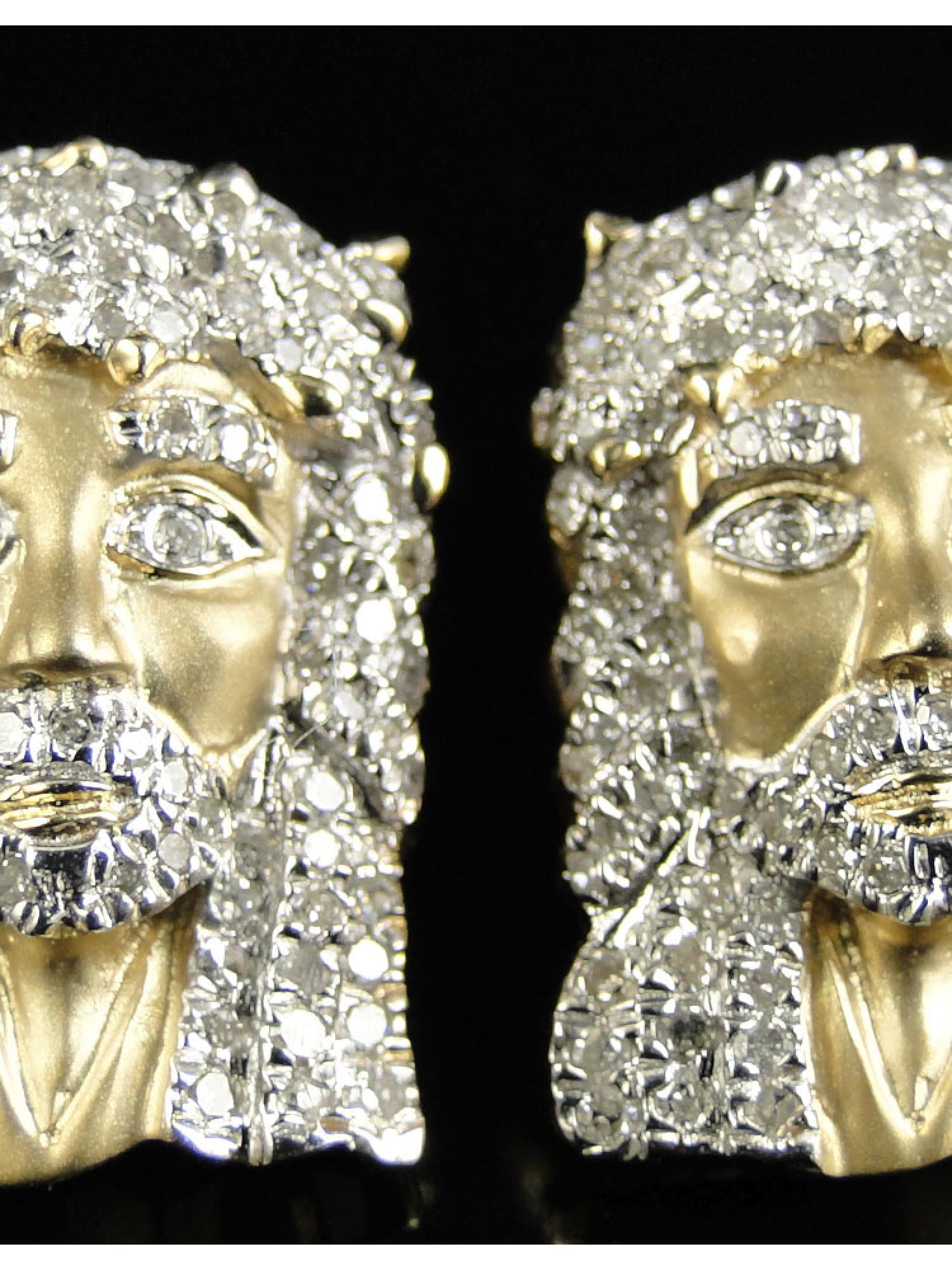 MENS 18K GOLD FILLED LAB DIAMOND  JESUS FACE STUD EARRINGS SET 
