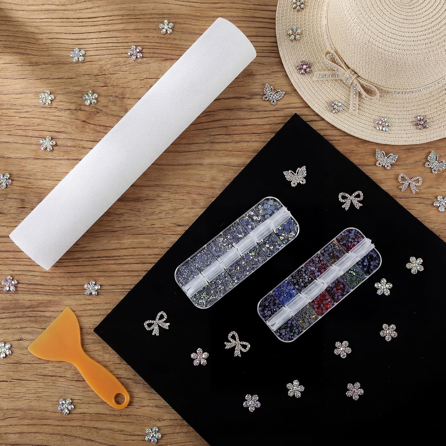 11.8'' x 2 Yard Flock Rhinestone Kit Includes 14 Colors Hotfix Rhinestones Black Self Adhesive Flocking Template Material Flock Squeegee for Heat Transfer Crafts